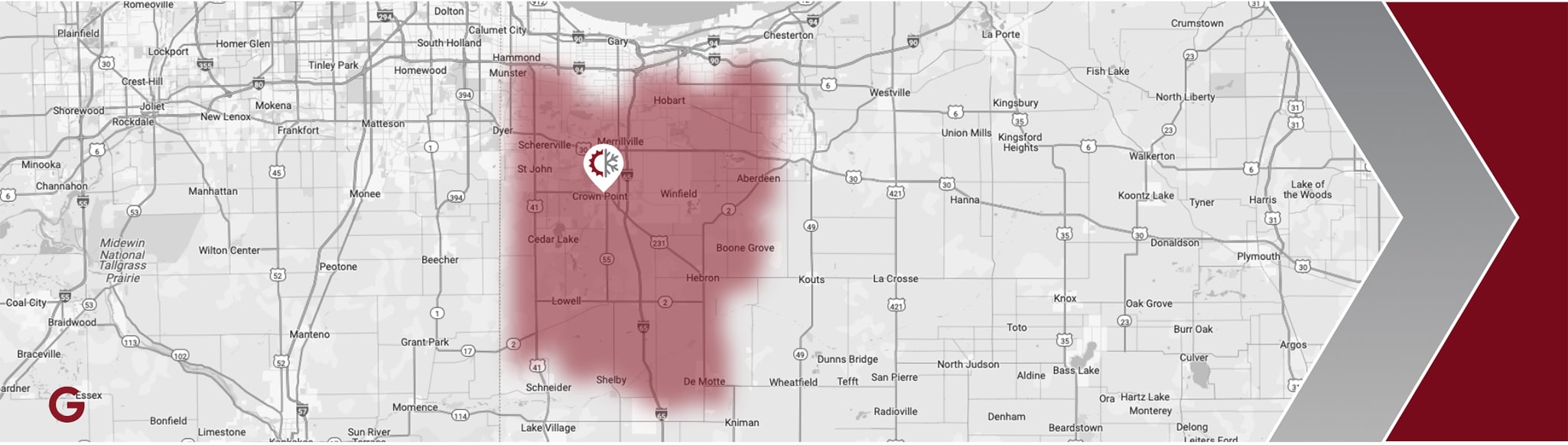 True Quality HVAC service area, covering Crown Point, Lake County, and the surrounding areas.